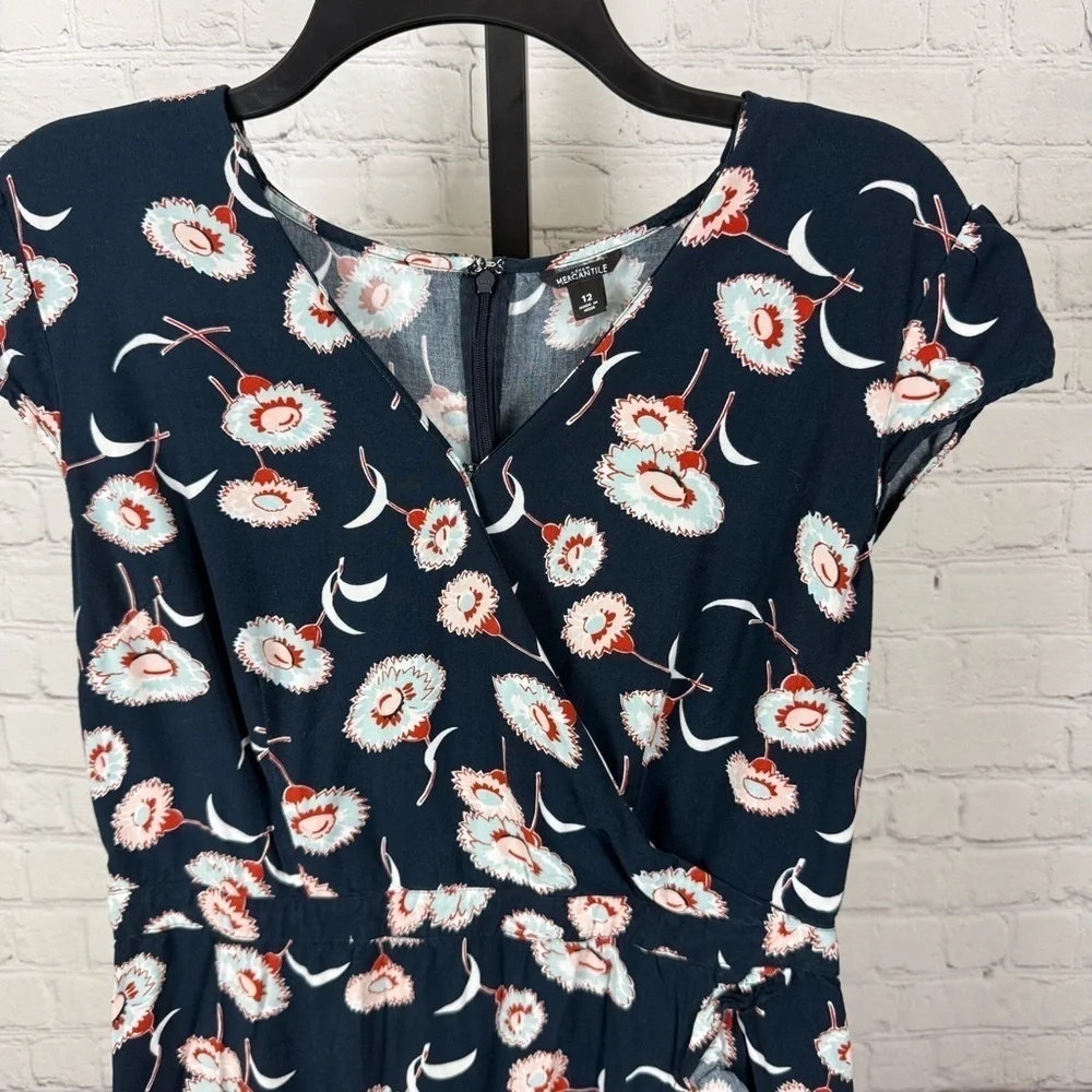 J. Crew Mercantile Floating Floral Ruffle V-Neck Faux Wrap Dress Blue Size 12